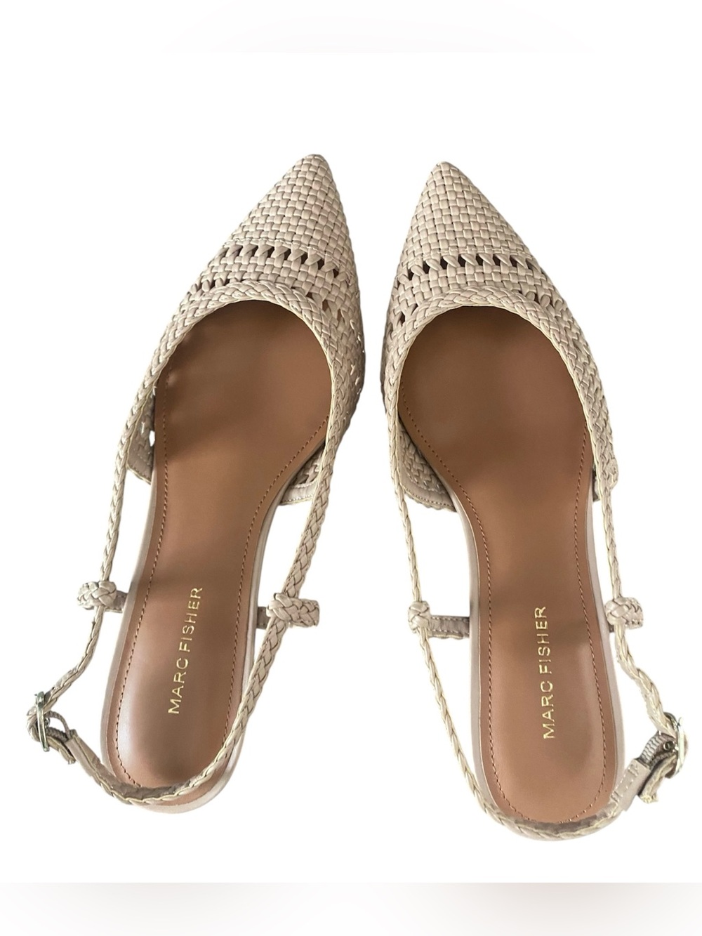 Marc Fisher Woven Pointed-Toe Slingback Flats in Light Beige